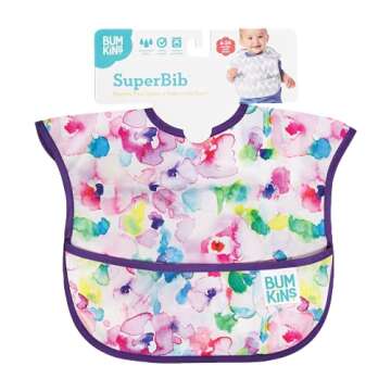 Bumkins Bibs for Girl or Boy, SuperBib Baby and Toddler for 6-24 Mos, Essential Must Have for Eating, Feeding, Baby Led Weaning Supplies, Mess Saving Catch Food, Waterproof Soft Fabric, Watercolors