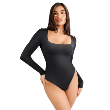 Popilush Square Neck Shapewear Long Sleeve Bodysuit for Women Tummy Control Seamless Tank Tops Stret...
