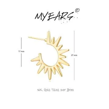 MYEARS Women Sun Earrings Gold Open Spike Hoop C Shape 14K Gold Filled Small Simple Handmade Hypoallergenic Everyday Illusion Jewelry
