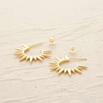 MYEARS Women Sun Earrings Gold Open Spike Hoop C Shape 14K Gold Filled Small Simple Handmade Hypoallergenic Everyday Illusion Jewelry