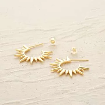 MYEARS Women Sun Earrings Gold Open Spike Hoop C Shape 14K Gold Filled Small Simple Handmade Hypoallergenic Everyday Illusion Jewelry