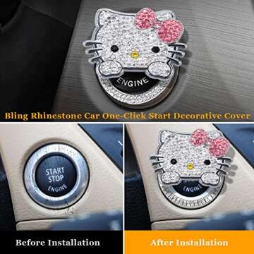 YOLRIND Car Push Start Button Cover, Cute Cat Bling Car Accessories for Women Engine Push to Start B...