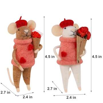 Watereem Set of 2 Valentine's Day Felt Mice Ornaments, 4.5" Hanging Wool Mouse Couple Figurine with ...