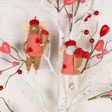 Watereem Set of 2 Valentine's Day Felt Mice Ornaments, 4.5" Hanging Wool Mouse Couple Figurine with Bouquet, Tiered Tray Tabletop Decor, Valentines Anniversary Easter Gifts Wedding Party Supply