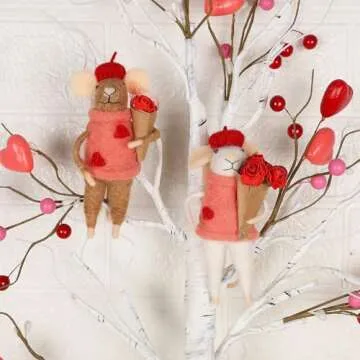 Watereem Set of 2 Valentine's Day Felt Mice Ornaments, 4.5" Hanging Wool Mouse Couple Figurine with Bouquet, Tiered Tray Tabletop Decor, Valentines Anniversary Easter Gifts Wedding Party Supply