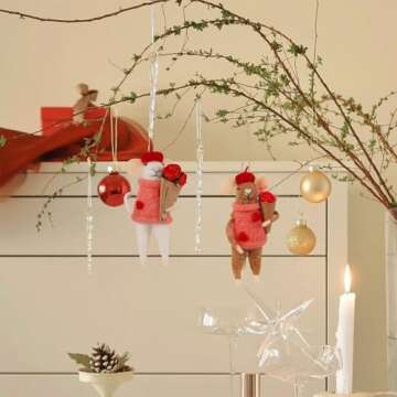 Watereem Set of 2 Valentine's Day Felt Mice Ornaments, 4.5" Hanging Wool Mouse Couple Figurine with Bouquet, Tiered Tray Tabletop Decor, Valentines Anniversary Easter Gifts Wedding Party Supply