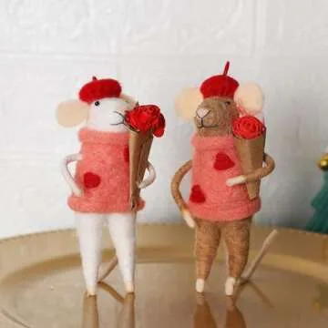 Watereem Set of 2 Valentine's Day Felt Mice Ornaments, 4.5" Hanging Wool Mouse Couple Figurine with Bouquet, Tiered Tray Tabletop Decor, Valentines Anniversary Easter Gifts Wedding Party Supply