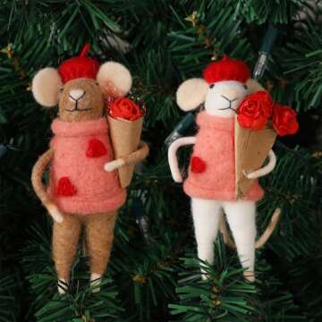 Watereem Set of 2 Valentine's Day Felt Mice Ornaments, 4.5" Hanging Wool Mouse Couple Figurine with Bouquet, Tiered Tray Tabletop Decor, Valentines Anniversary Easter Gifts Wedding Party Supply