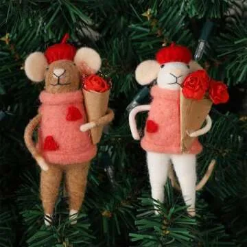 Watereem Set of 2 Valentine's Day Felt Mice Ornaments, 4.5" Hanging Wool Mouse Couple Figurine with Bouquet, Tiered Tray Tabletop Decor, Valentines Anniversary Easter Gifts Wedding Party Supply