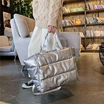 GESALOP 2022 New Large Capacity Shoulder Bag for Women, Waterproof Nylon Pouch, Cotton with Feathers (Silver)