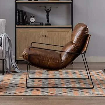 DUOMAY Mid-Century Accent Chair Armchair, Comfy PU Leather Leisure Chair Lazy Chair with Metal Leg for Living Room Bedroom Office Apartment, Brown
