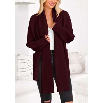 PRETTYGARDEN Women's 2024 Fall Fashion Knit Cardigan Sweaters Long Sleeve V Neck Open Front Winter Sweater Jacket with Scarf (Wine Red,Small)