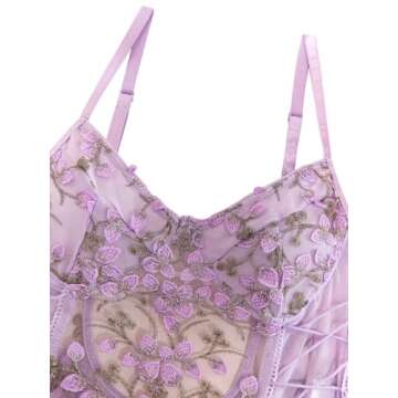 Lilosy Women Sexy Lace Up Floral Embroidered Teddy Babydoll Lingerie Bodysuit Top Mesh Sheer One Pie...