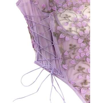 Lilosy Women Sexy Lace Up Floral Embroidered Teddy Babydoll Lingerie Bodysuit Top Mesh Sheer One Piece See Through Lavender Light Purple Small