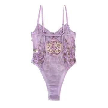 Lilosy Women Sexy Lace Up Floral Embroidered Teddy Babydoll Lingerie Bodysuit Top Mesh Sheer One Piece See Through Lavender Light Purple Small
