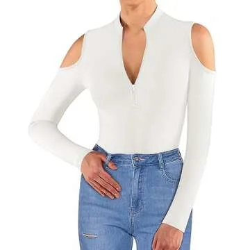 MANGOPOP Long Sleeve Body Suit Mock Turtle Neck Zip Up Bodysuit for Women Ribbed Cold Shoulder Deep ...