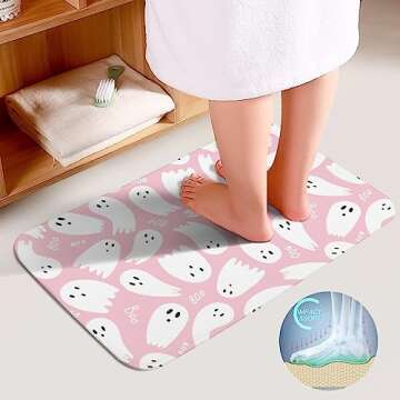 JOJOART Pink Ghost Halloween Bathroom Rugs Sets 3 Piece Coral Velvet Bath Rugs Boo Cute Cartoon Non-Slip Absorbent U-Shaped Shower Mat Decor Area Rug Sets Toilet Lid Cover Quick Dry 19.7"x31.5"…