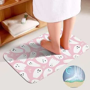 JOJOART Pink Ghost Halloween Bathroom Rugs Sets 3 Piece Coral Velvet Bath Rugs Boo Cute Cartoon Non-Slip Absorbent U-Shaped Shower Mat Decor Area Rug Sets Toilet Lid Cover Quick Dry 19.7"x31.5"…