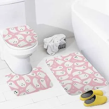 JOJOART Pink Ghost Halloween Bathroom Rugs Sets 3 Piece Coral Velvet Bath Rugs Boo Cute Cartoon Non-Slip Absorbent U-Shaped Shower Mat Decor Area Rug Sets Toilet Lid Cover Quick Dry 19.7"x31.5"…