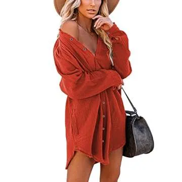 iGENJUN Women's Long Sleeve Button Down Oversized Fall Dress Shirt Beach Dress Cover Ups Boho Dresses with Pockets,XS,Orange