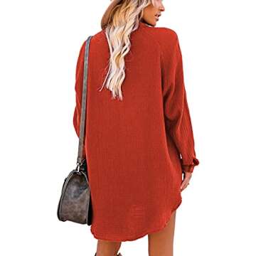 iGENJUN Women's Long Sleeve Button Down Oversized Fall Dress Shirt Beach Dress Cover Ups Boho Dresses with Pockets,XS,Orange