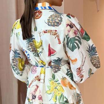 Women Graffiti Fruit Print Shirt Dress Vintage Color Block Long Sleeve Embroidered Tunic Tee Shirt Bohemian Flowy Maxi Tshirt Cotton Linen Oversized Swing Button Down Kaftan Dress for Lady S