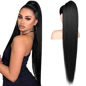 FLUFYMOOZ ponytail extension, 36 Inch Long Straight Drawstring Ponytail Synthetic Hairpieces Fake Po...