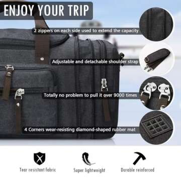 Toupons Canvas Travel Duffel Bag for Men Birthday Gifts Overnight Weekend Bag (Black)