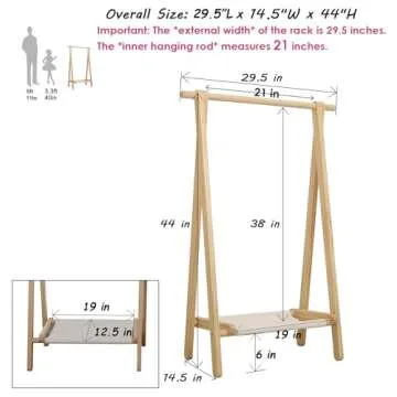 VOGUSLAND Dress up Rack, Child Garment Rack, Kids Clothing Rack with Storage Shelf (Natural Pine, 29.5" L x 14.5" W x 43.7" H)