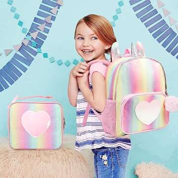 HOTFUN Girls Backpack, Kids Backpack for Girls with Lunch Box Girls Rainbow Unicorn Backpack Sequin Glitter School Backpack Preschool Kindergarten Elementary School Bag for 4-8 Years Old Girl