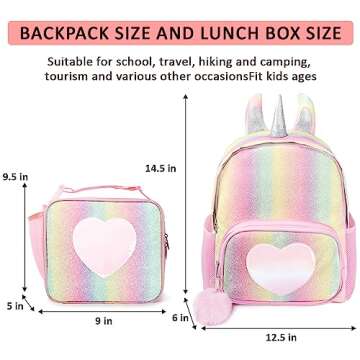 HOTFUN Girls Backpack, Kids Backpack for Girls with Lunch Box Girls Rainbow Unicorn Backpack Sequin Glitter School Backpack Preschool Kindergarten Elementary School Bag for 4-8 Years Old Girl