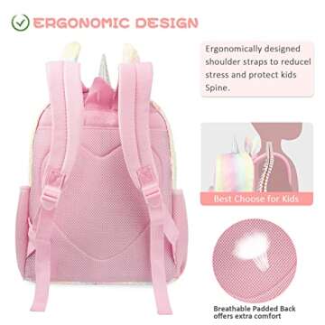 HOTFUN Girls Backpack, Kids Backpack for Girls with Lunch Box Girls Rainbow Unicorn Backpack Sequin Glitter School Backpack Preschool Kindergarten Elementary School Bag for 4-8 Years Old Girl