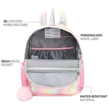 HOTFUN Girls Backpack, Kids Backpack for Girls with Lunch Box Girls Rainbow Unicorn Backpack Sequin Glitter School Backpack Preschool Kindergarten Elementary School Bag for 4-8 Years Old Girl