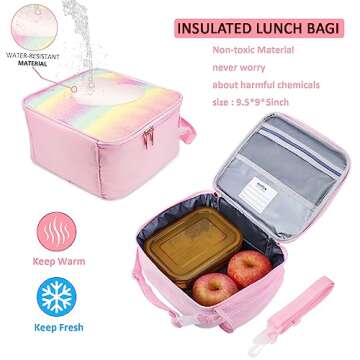 HOTFUN Girls Backpack, Kids Backpack for Girls with Lunch Box Girls Rainbow Unicorn Backpack Sequin Glitter School Backpack Preschool Kindergarten Elementary School Bag for 4-8 Years Old Girl