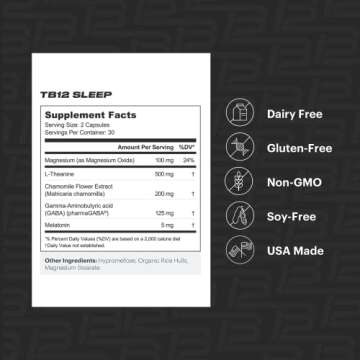 TB12 Sleep - Sleep Supplement with Magnesium, L-Theanine, Chamomile, GABA, and Melatonin to Fall Asleep Faster, Promote Relaxation, and Improve Sleep Quality. Stress and Mood Nightly Support
