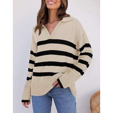 ZESICA Women's Winter Sweaters Lapel V Neck Long Sleeve Striped Chunky Knit Oversized Pullover Sweater Jumper Tops,Apricot,Large