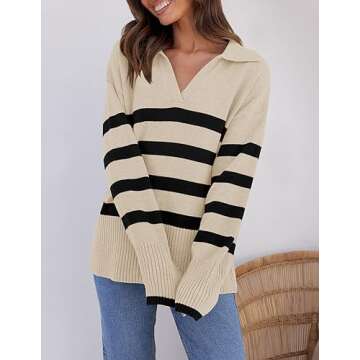 ZESICA Women's Winter Sweaters Lapel V Neck Long Sleeve Striped Chunky Knit Oversized Pullover Sweater Jumper Tops,Apricot,Large