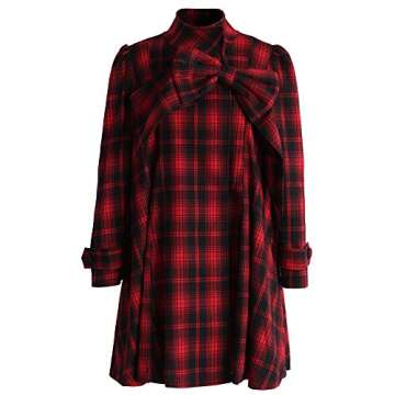 CHICWISH Women's Comfy Casual Warm Big Bow Red Tartan Check Dolly Dress Coat