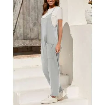 Fisoew Women's Summer Sleeveless Loose Casual V Neck Jumpsuits Spaghetti Strap Long Pants Baggy Overalls with Pockets