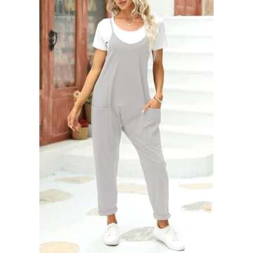 Fisoew Women's Summer Sleeveless Loose Casual V Neck Jumpsuits Spaghetti Strap Long Pants Baggy Overalls with Pockets
