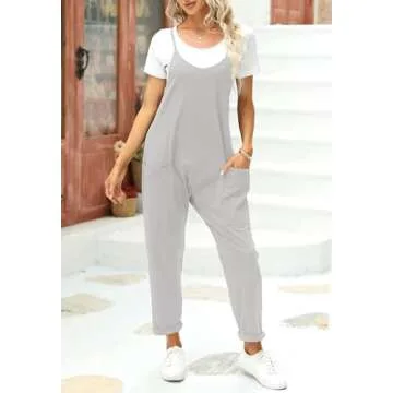 Fisoew Women's Summer Sleeveless Loose Casual V Neck Jumpsuits Spaghetti Strap Long Pants Baggy Overalls with Pockets