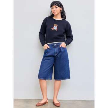 CIDER Womens Sweaters Fall Long Sleeve Bear Graphic Crewneck Sweater Soft Knit Casual Cropped Pullover Cute Fall Outfits 2024: Navy Blue, S