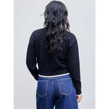 CIDER Womens Sweaters Fall Long Sleeve Bear Graphic Crewneck Sweater Soft Knit Casual Cropped Pullover Cute Fall Outfits 2024: Navy Blue, S