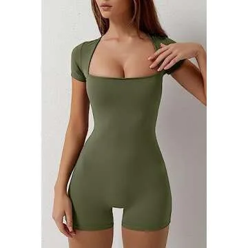 QINSEN Women's Sexy Square Neck Unitard Bodysuit Bodycon Stretchy One Piece Jumpsuits Shorts Rompers...