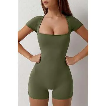 QINSEN Women's Sexy Square Neck Unitard Bodysuit Bodycon Stretchy One Piece Jumpsuits Shorts Rompers Olivine S