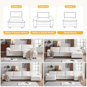 Karl home Sectional Sofa Modular Deep Seat Sofa Couch with Ottoman, Teddy Fleece Sofa Sleeper Comfy Upholstered Furniture for Living Room, Apartment, Studio, Office, (2-Seat & 1-Ottoman, White)