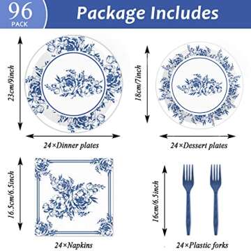96 PCS Floral Blue & White Flower Party Tableware Set Disposable Party Supplies Decorations Bridal B...