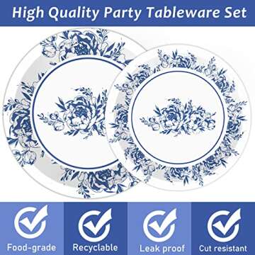 96 PCS Floral Blue & White Flower Party Tableware Set Disposable Party Supplies Decorations Bridal Birthday Baby Shower Tea Spring Summer Dinnerware Decor for Men Women Plates Napkins Forks Serve 24