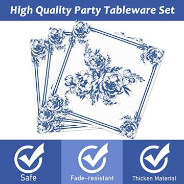96 PCS Floral Blue & White Flower Party Tableware Set Disposable Party Supplies Decorations Bridal Birthday Baby Shower Tea Spring Summer Dinnerware Decor for Men Women Plates Napkins Forks Serve 24