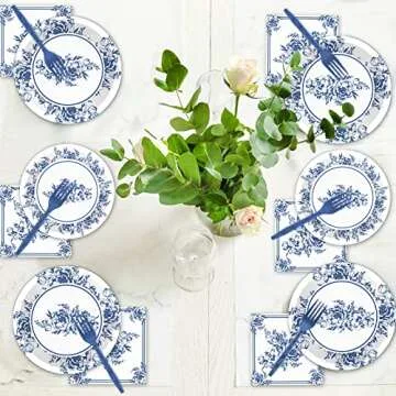 96 PCS Floral Blue & White Flower Party Tableware Set Disposable Party Supplies Decorations Bridal Birthday Baby Shower Tea Spring Summer Dinnerware Decor for Men Women Plates Napkins Forks Serve 24